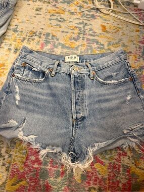 Agolde Light Blue Distressed High-Rise Jean Shorts